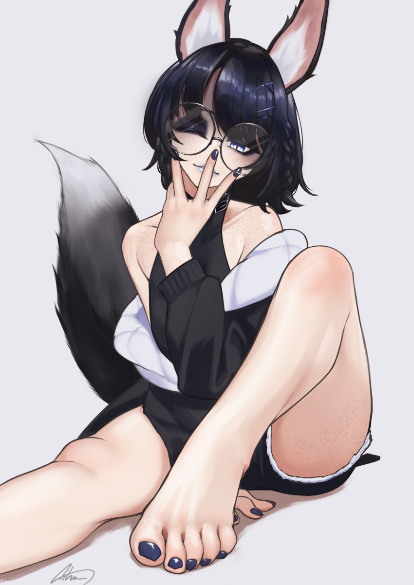 1girl absurdres aiharararara animal_ears bare_legs barefoot between_legs black_shorts blue_hair blue_nails body_freckles borrowed_character collarbone eyeshadow feet foot_out_of_frame fox_ears fox_girl fox_tail freckles glasses gradient_tail grey_background grey_lips grey_tail hand_between_legs hand_up highres knee_up long_sleeves looking_at_viewer makeup nail_polish off_shoulder on_ground one_eye_closed original parted_lips shadow short_shorts shorts signature simple_background sitting solo swept_bangs tail thighs toenail_polish toenails toes