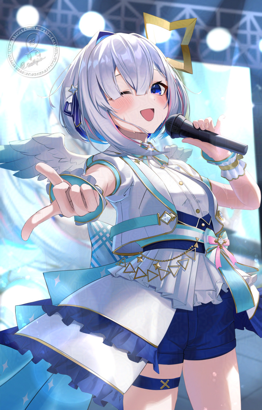 1girl absurdres amane_kanata angel_wings blue_eyes blue_hair blue_shorts blurry blush breasts colored_inner_hair commentary_request cowboy_shot depth_of_field grey_hair halo highres holding holding_microphone hololive microphone mini_wings multicolored_hair music one_eye_closed open_mouth pink_hair pointing pointing_at_viewer shirt short_hair short_sleeves shorts singing small_breasts smallpine_7 smile solo stage_lights star_halo streaked_hair sweat thigh_strap virtual_youtuber white_shirt white_wings wings yellow_halo