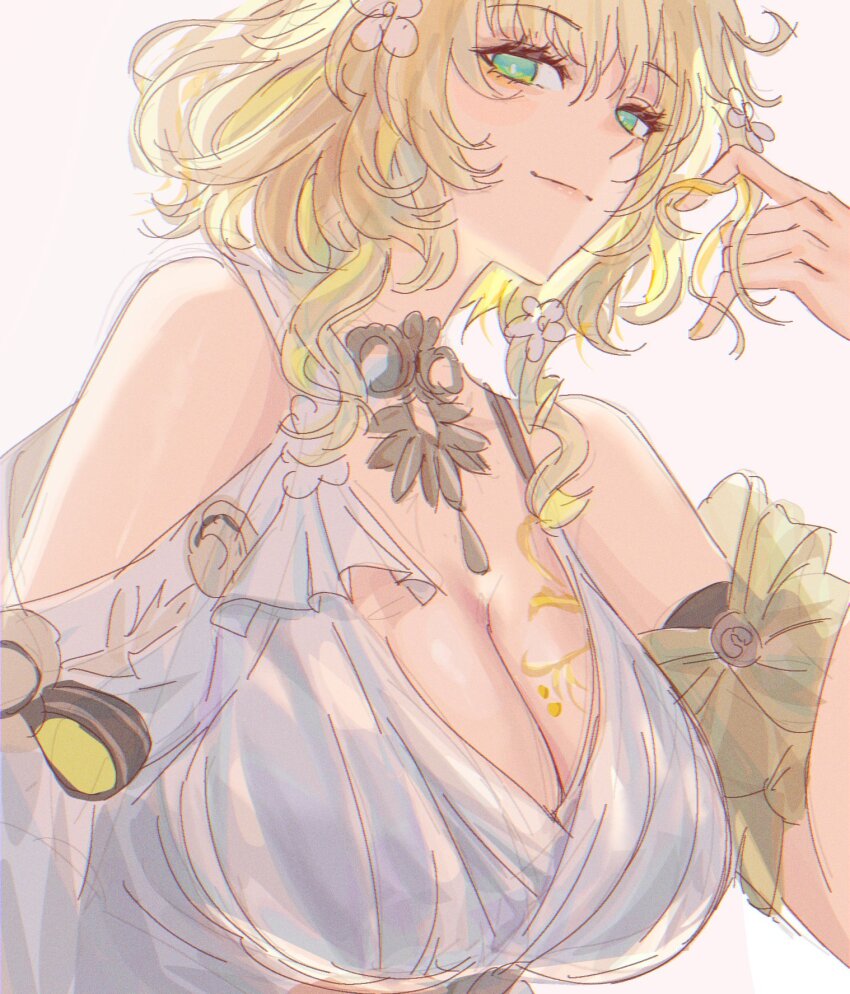 1girl aglaea_(honkai:_star_rail) bare_shoulders blonde_hair breast_focus breasts close-up closed_mouth detached_sleeves dress flower gnarlypzofbread greco-roman_clothes green_eyes hair_between_eyes hair_flower hair_ornament hand_up highres honkai:_star_rail honkai_(series) jewelry large_breasts looking_at_viewer short_hair simple_background smile solo tattoo white_background white_dress