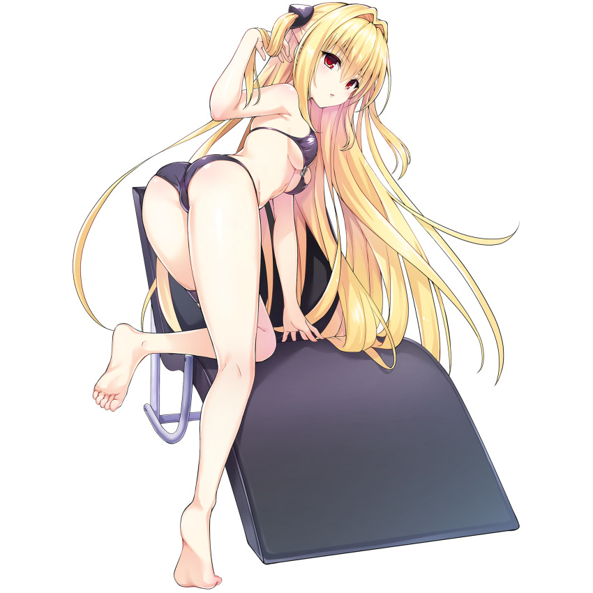 adjusting_hair barefoot beach_chair bikini black_bikini blonde_hair breasts dolphin_wave hair_intakes highres konjiki_no_yami long_hair looking_at_viewer non-web_source official_art ootomo_takuji red_eyes small_breasts swimsuit to_love-ru to_love-ru_darkness transparent_background twintails two_side_up