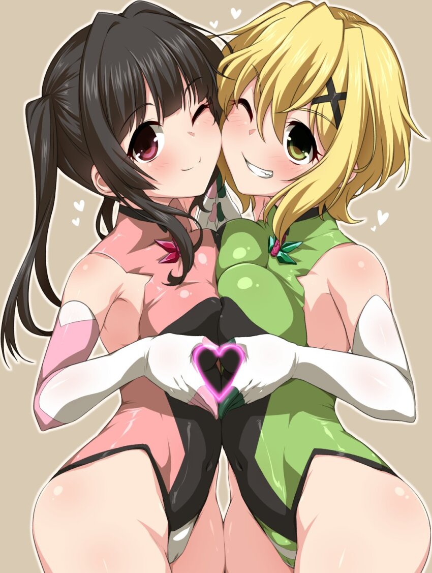 2girls akatsuki_kirika asymmetrical_docking black_hair blonde_hair blunt_bangs breast_press breasts cameltoe covered_erect_nipples covered_navel gloves green_eyes green_leotard hair_ornament heart heart_hands heart_in_heart_hands highres impossible_clothes impossible_leotard large_breasts leotard looking_at_viewer multiple_girls pink_eyes pink_leotard senki_zesshou_symphogear shiny_clothes shiny_skin short_hair skin_tight small_breasts tsukuyomi_shirabe twintails x_hair_ornament yoshi_tama