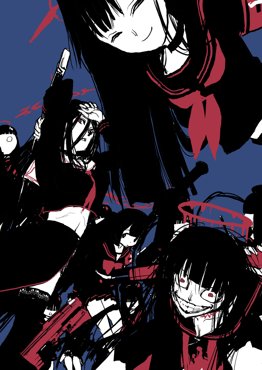 6+girls absurdres anti-materiel_rifle anzio_ironworks_20mm_rifle arms_up black_hair black_serafuku black_shirt black_skirt blue_archive bolt_action bow bowtie closed_eyes closed_mouth crazy_eyes crazy_smile facing_viewer gun halo hasumi_(blue_archive) highres ichika_(blue_archive) justice_task_force_(blue_archive) justice_task_force_member_(blue_archive) lever_action long_hair looking_at_viewer m1917_enfield mashiro_(blue_archive) midriff multiple_girls neckerchief red_bow red_bowtie red_eyes red_halo red_neckerchief rifle school_uniform serafuku shirt shotgun sketch skirt smile sniper_rifle tentaiebosi tsurugi_(blue_archive) very_long_hair weapon wide-eyed winchester_model_1887