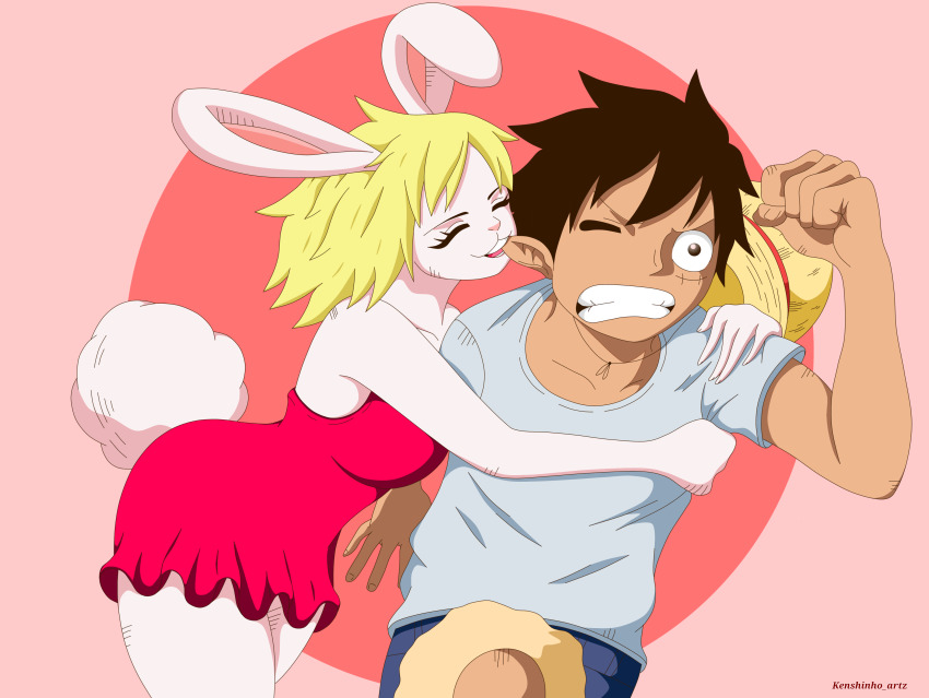 1boy 1girl :3 absurdres alternate_costume annoyed biting black_eyes black_hair blonde_hair carrot_(one_piece) couple dress ear_biting furry furry_female hat highres mink monkey_d._luffy one_piece rabbit_ears rabbit_girl rabbit_tail red_dress scar straw_hat walking