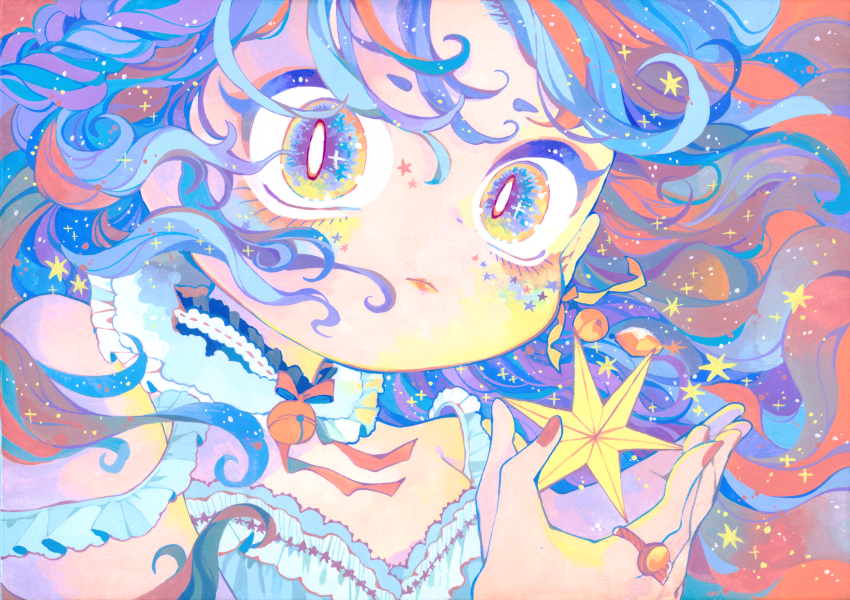 acrylic_gouache_(medium) bell bell_earrings blue_hair breasts close-up closed_mouth collar color_contrast curly_hair detached_collar dot_nose earrings expressionless eyelashes eyeshadow floating_earring floating_hair hands_up highres hikimayu holding holding_star jewelry lace-trimmed_collar lace_trim lips long_hair looking_at_viewer makeup multicolored_eyes multicolored_hair neck_bell object_floating_above_hand open_hands original ornate_ring own_hands_together portrait purple_hair red_background red_eyeshadow red_nails ribbon-trimmed_collar ribbon_trim ring shirt single_earring single_off_shoulder slit_pupils small_breasts solo spaghetti_strap star_(symbol) sticker_on_face streaked_hair traditional_media tsumori_ren two-tone_hair wavy_hair white_collar white_eyes white_shirt