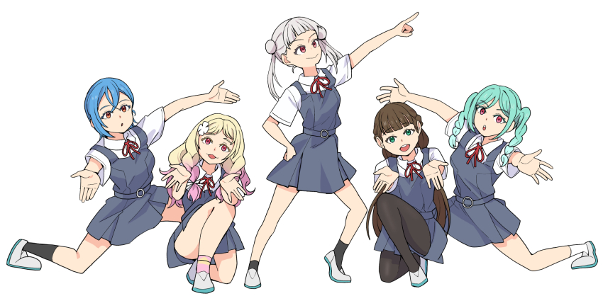 5girls 5yncri5e!_(love_live!) arashi_chisato black_pantyhose black_socks blonde_hair blue_hair blunt_bangs brown_hair closed_mouth collared_shirt commentary_request double_bun dress full_body goldluck gradient_hair green_eyes green_hair grey_dress grey_footwear grey_hair hair_between_eyes hair_bun hand_on_own_hip highres kneeling looking_afar looking_at_viewer love_live! love_live!_superstar!! medium_hair multicolored_hair multiple_girls neck_ribbon onitsuka_natsumi onitsuka_tomari open_mouth outstretched_arms pantyhose parted_lips pinafore_dress pink_hair pink_socks red_eyes red_ribbon ribbon sakurakoji_kinako school_uniform shirt shoes short_hair short_sleeves siblings sidelocks sisters sleeveless sleeveless_dress smile socks summer_uniform twintails v-shaped_eyebrows wakana_shiki white_background white_shirt white_socks yuigaoka_school_uniform