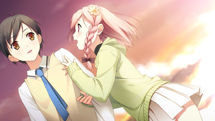 1boy 1girl :d blush flower from_side game_cg hair_flower hair_ornament kantoku nagamine_tomoki open_mouth pink_hair profile school_uniform short_hair skirt sky smile sweater thighs your_diary yua_(your_diary)