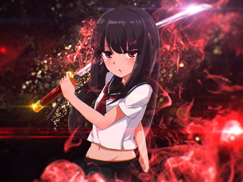 1girl bemani black_hair black_skirt halhal_reckless highres katana kureha_(sound_voltex) long_hair looking_at_viewer red_eyes school_uniform serafuku skirt sound_voltex sword weapon