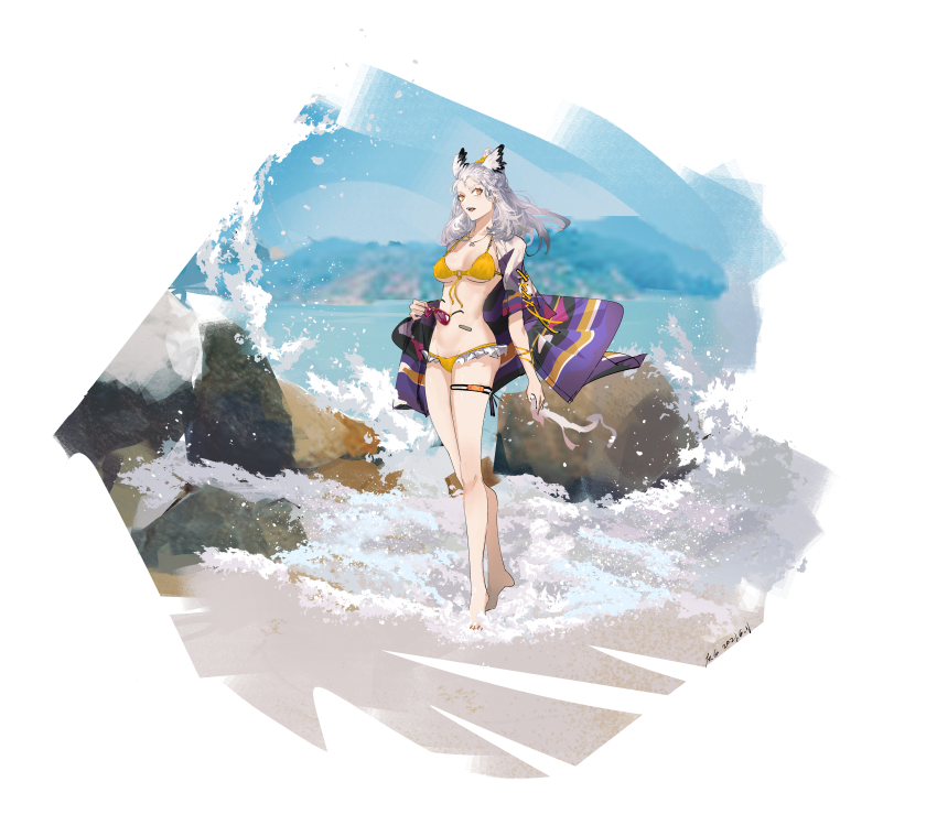 1girl absurdres arknights bikini cliff cross_stitch unworn_eyewear full_body highres holding holding_removed_eyewear huibai_bri jewelry long_hair looking_to_the_side necklace ocean open_mouth orange_eyes ptilopsis_(arknights) standing swimsuit thigh_strap walking waves white_hair