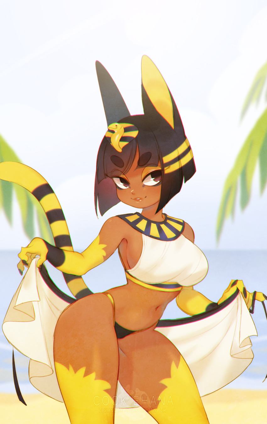 1girl ancient_egyptian ancient_egyptian_clothes animal_crossing animal_ears ankha_(animal_crossing) beach black_hair black_panties blue_sky bob_cut breasts brown_eyes cat_ears cat_girl cat_tail commentary cookie_hana dark-skinned_female dark_skin english_commentary gloves highres inverted_bob lace lace-trimmed_panties lace_trim large_breasts looking_at_viewer navel nintendo outdoors panties sky smile solo tail thighhighs underwear yellow_gloves yellow_thighhighs