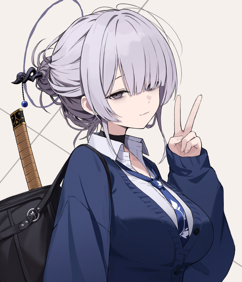 1girl bag bags_under_eyes black_bag black_choker blue_cardigan blue_necktie breasts cardigan choker closed_mouth collared_shirt fuwawa_(fuwawa617) grey_eyes grey_hair grey_halo hair_bun halo highres itokonoue_kaoru katana large_breasts necktie project_kv shirt simple_background smile solo sword upper_body v weapon weapon_behind_back weapon_on_back white_background white_shirt