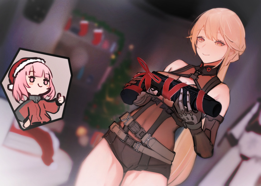 2girls belt blonde_hair blurry blurry_background chibi chibi_inset christmas christmas_present christmas_stocking christmas_tree closed_mouth commentary elbow_gloves female_commander_(girls&#039;_frontline) gift girls&#039;_frontline girls&#039;_frontline_2:_exilium gloves grenade_launcher groza_(girls&#039;_frontline_2) hat highres inset long_hair low_ponytail multiple_belts multiple_girls ots-14_(girls&#039;_frontline) pink_eyes pink_hair rzk_iii santa_hat short_shorts shorts smile solo_focus symbol-only_commentary thigh_gap thighs thumbs_up very_long_hair weapon yellow_eyes