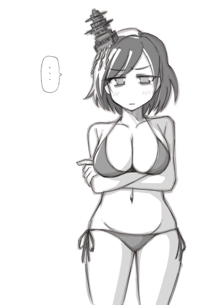 ... 1girl bikini breasts cleavage cowboy_shot crossed_arms greyscale hair_ornament headgear highres kantai_collection large_breasts looking_at_viewer monochrome side-tie_bikini_bottom solo spoken_ellipsis swimsuit tatahai yamashiro_(kancolle)