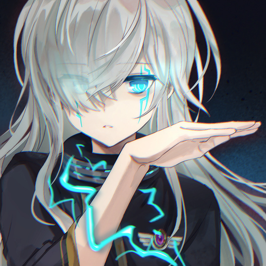 black_jacket blue_eyes character_request eyes_visible_through_hair glowing glowing_eyes grey_hair hair_over_one_eye hand_up highres jacket leafwow long_hair long_sleeves maplestory upper_body