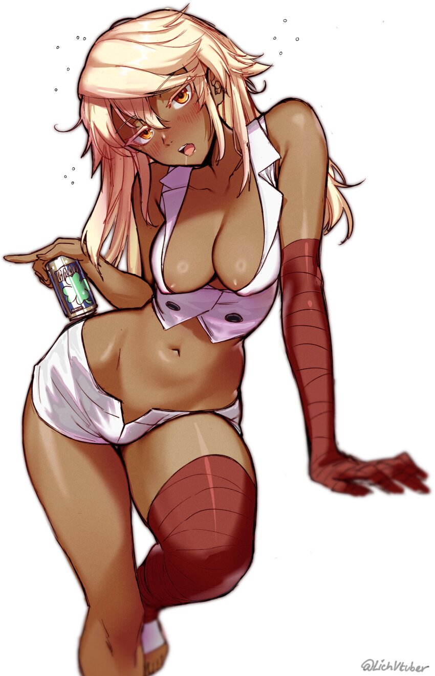 1girl absurdres bandaged_arm bandages beer_can blonde_hair breasts bsapricot can colored_eyelashes cropped_vest dark-skinned_female dark_skin drink_can drunk guilty_gear guilty_gear_strive highres holding holding_can invisible_table long_hair looking_at_viewer navel nipple_slip nipples open_mouth ramlethal_valentine saliva short_shorts shorts solo teeth twitter_username upper_teeth_only vest white_background white_shorts white_vest yellow_eyes