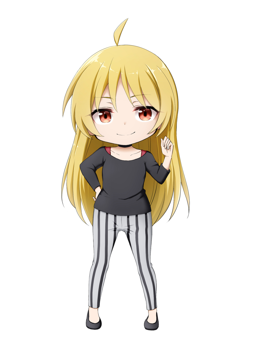 1girl ahoge black_footwear black_shirt blonde_hair bocchi_the_rock! closed_mouth collarbone full_body grey_pants hand_on_own_hip hand_up highres ijichi_seika kuena long_hair long_sleeves pants parted_bangs red_eyes shirt shoes simple_background smile solo standing striped_clothes striped_pants vertical-striped_clothes vertical-striped_pants very_long_hair white_background