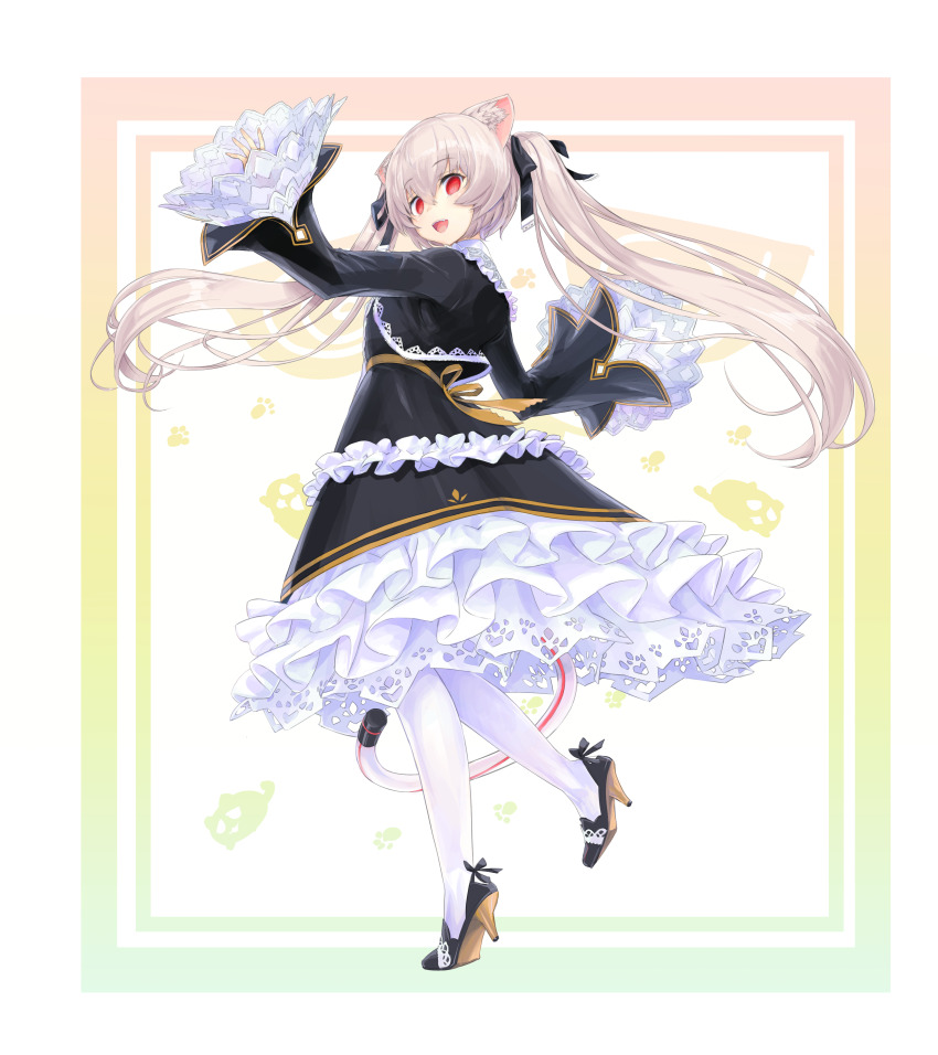 1girl absurdres animal_ears black_footwear cat_ears cat_tail dress fangs frills full_body high_heels highres kiyama_satoshi long_hair long_sleeves looking_at_viewer looking_back nora_cat nora_cat_channel open_mouth red_eyes sleeves_past_fingers sleeves_past_wrists solo spinning standing standing_on_one_leg tail twintails virtual_youtuber