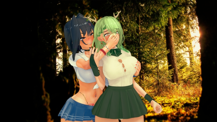 2girls absurdres artist_request breasts button_gap ceres_fauna chloroform closed_eyes drooling forest groping gyaru highres hololive hololive_english large_breasts multiple_girls nature ouro_kronii panties pantyshot school_uniform sleeping unconscious underwear virtual_youtuber