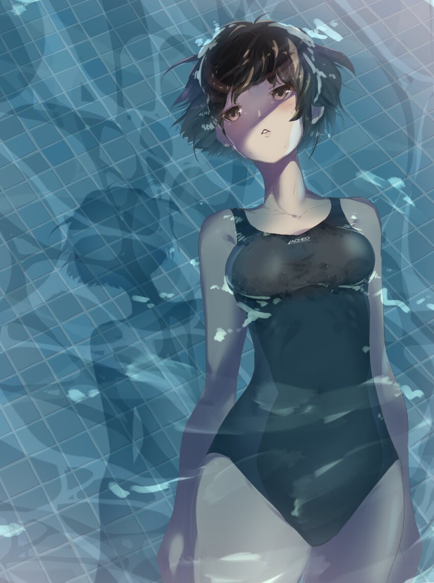 1girl absurdres amagami black_eyes black_hair black_one-piece_swimsuit breasts collarbone commentary_request competition_swimsuit covered_navel cowboy_shot highres lying medium_breasts nama_q nanasaki_ai on_back one-piece_swimsuit parted_lips partially_submerged pool short_hair solo swimsuit tile_floor tiles water