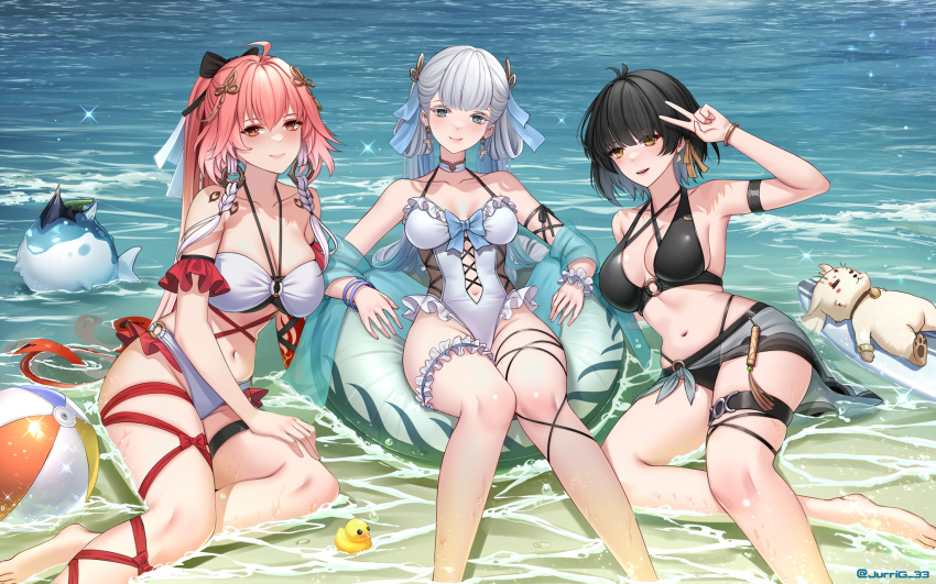 1other 3girls abby_(wuthering_waves) ahoge arm_strap ball bare_shoulders barefoot beachball bikini black_bikini black_bow black_hair black_sarong body_markings bow braid breasts bright_pupils center_opening changli_(wuthering_waves) cleavage closed_mouth collarbone colored_eyelashes colored_inner_hair commentary criss-cross_halter crossed_legs detached_sleeves earrings english_commentary feather_hair female_rover_(wuthering_waves) frilled_sleeves frills groin hair_between_eyes hair_bow hair_extensions hair_ornament hair_ribbon halterneck hand_on_own_thigh highleg highleg_bikini highres innertube jewelry jinhsi_(wuthering_waves) jurrig large_breasts long_hair looking_at_viewer mole mole_on_cheek multicolored_hair multiple_girls multiple_hair_bows navel ocean one-piece_swimsuit orange_eyes outdoors partially_submerged pink_hair red_sleeves ribbon rover_(wuthering_waves) rubber_duck sarong see-through_clothes see-through_sleeves short_sleeves sidelocks sitting smile stomach surfboard swim_ring swimsuit thigh_strap thighs toes twin_braids twitter_username two-tone_hair v very_long_hair wet white_bikini white_bow white_eyes white_hair white_one-piece_swimsuit white_pupils wuthering_waves yellow_ribbon yokozuwari