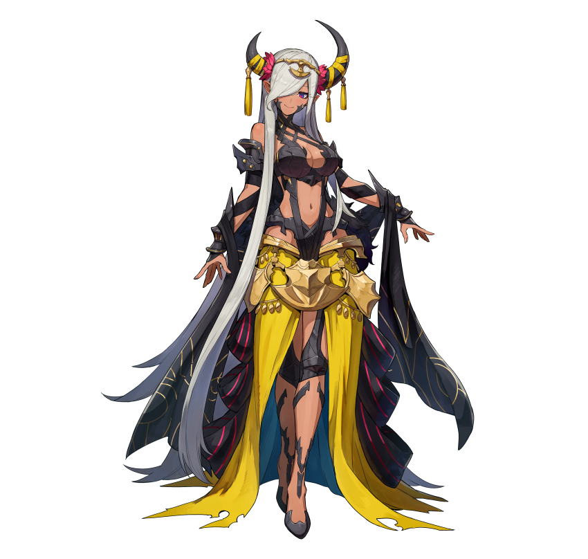 1girl absurdres asymmetrical_horns bare_shoulders breasts cleavage dark-skinned_female dark_skin dragon_girl fire_emblem fire_emblem_engage fire_emblem_heroes hair_ornament hair_over_one_eye highres horn_ornament horns kuroi_susumu large_breasts long_hair mature_female nintendo official_art pointy_ears purple_eyes solo tan tassel tassel_hair_ornament uneven_horns very_long_hair white_hair zelestia_(fire_emblem)