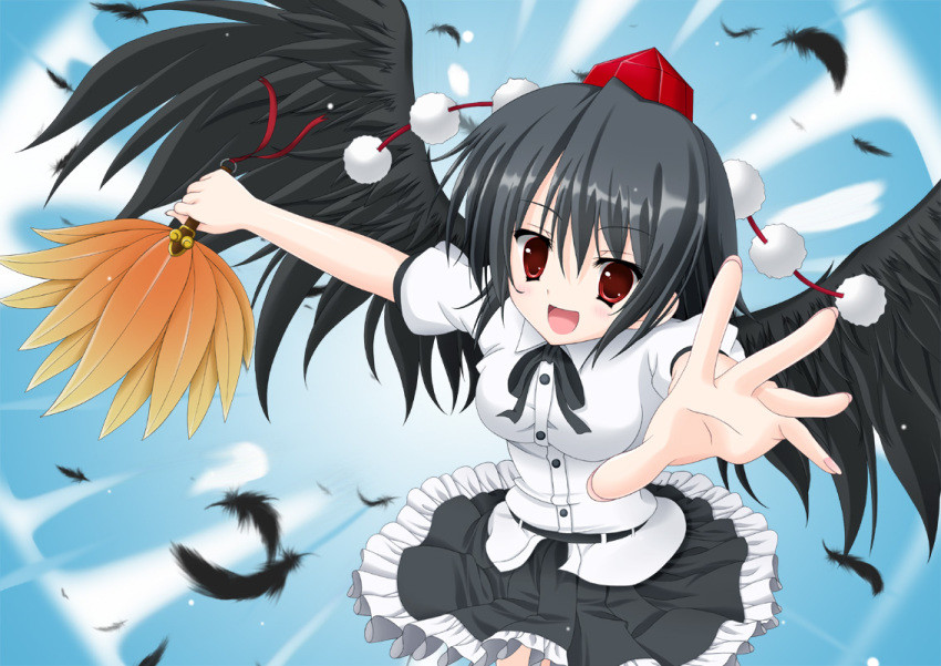 1girl bad_id bad_pixiv_id belt black_hair black_wings blush breasts day feathers female_focus flying hand_fan hat looking_at_viewer medium_breasts nuenue open_mouth red_eyes shameimaru_aya short_hair short_sleeves skirt sky smile solo tokin_hat touhou wind wings