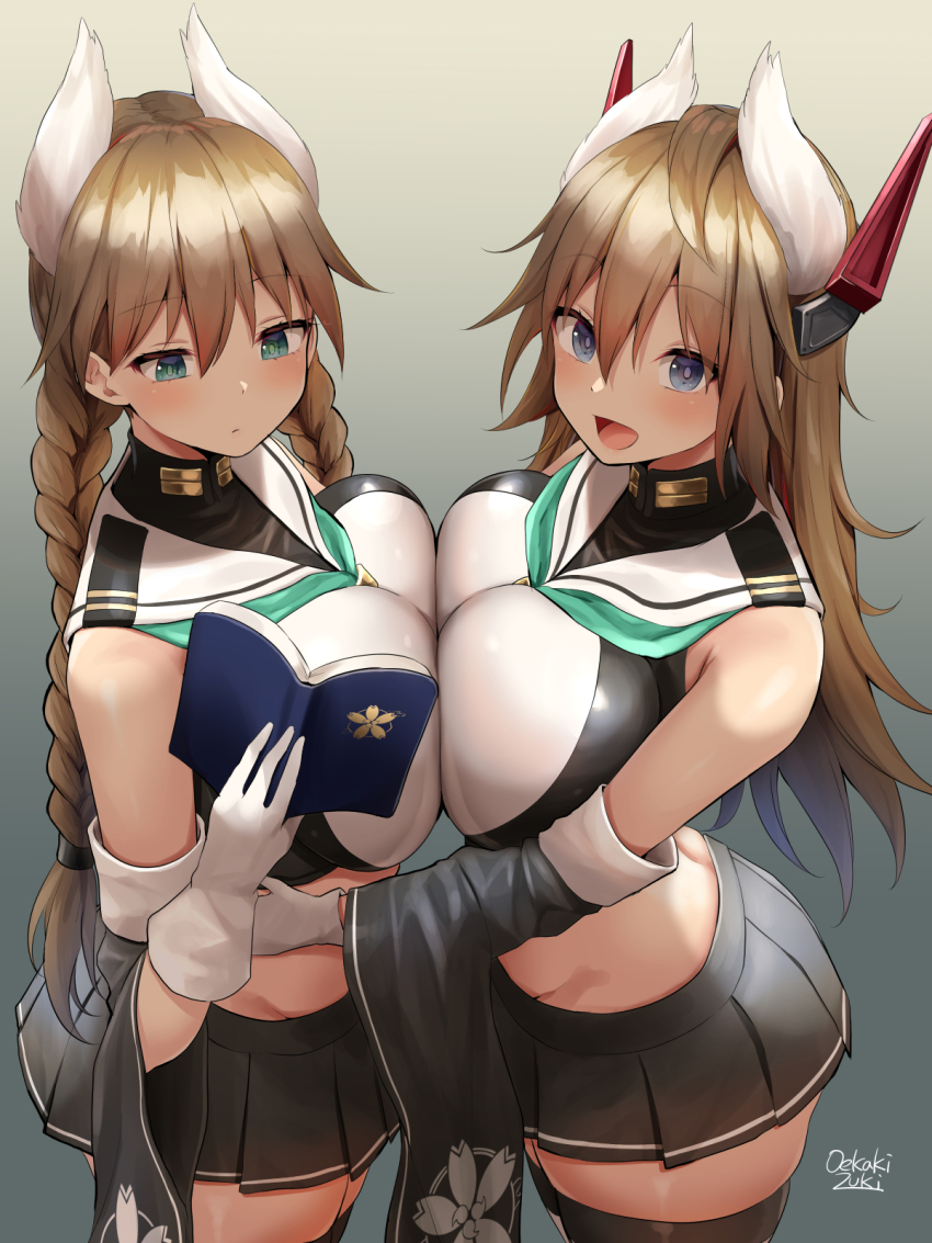 2girls :d animal_ears aqua_eyes azur_lane bare_shoulders between_breasts black_legwear black_skirt blue_eyes blush book braid breast_press breasts brown_hair cherry_blossom_print cowboy_shot crop_top detached_sleeves extra_ears floral_print furutaka_(azur_lane) furutaka_(retrofit)_(azur_lane) gloves gradient_background groin hair_between_eyes hand_on_another&#039;s_stomach headgear highres holding holding_book kako_(azur_lane) kako_(retrofit)_(azur_lane) large_breasts long_hair looking_at_viewer midriff miniskirt multiple_girls neckerchief necktie necktie_between_breasts oekakizuki open_mouth pleated_skirt retrofit_(azur_lane) sailor_collar school_uniform serafuku shirt sidelocks signature skindentation skirt smile symmetrical_docking thighhighs twin_braids twintails undershirt white_gloves wide_sleeves zettai_ryouiki