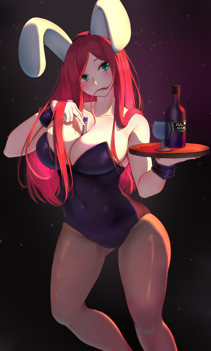 1girl absurdres animal_ears between_breasts black_background black_leotard bottle bow breasts brown_pantyhose cleavage covered_navel detached_collar fake_animal_ears glass groin highres holding holding_tray katarina_(league_of_legends) league_of_legends leotard long_hair looking_at_viewer pantyhose playboy_bunny popoman rabbit_ears red_background scar scar_across_eye scar_on_face shiny_clothes solo strapless strapless_leotard tray wrist_cuffs