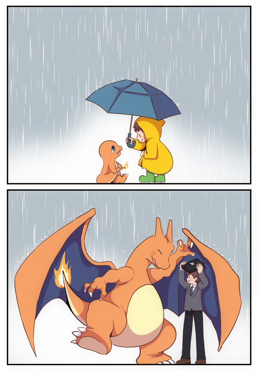 1boy 2koma absurdres age_progression bag bag_over_head blue_eyes blue_necktie brown_hair charizard charmander child claws closed_eyes comic creatures_(company) game_freak gen_1_pokemon grey_jacket highres holding holding_umbrella improvised_umbrella jacket male_focus necktie nintendo pako_(pousse-cafe) pokemon rain school_bag school_uniform silent_comic umbrella wings