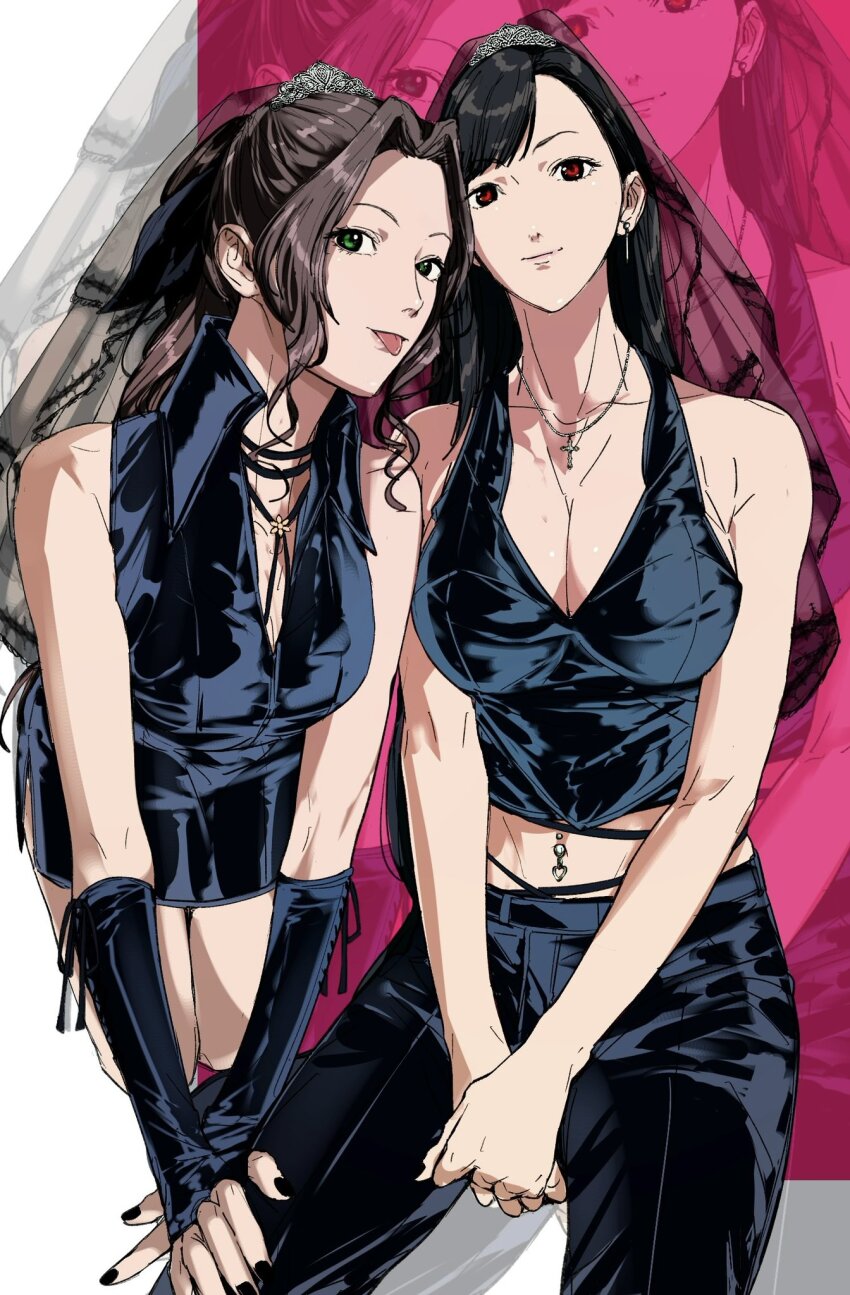 2girls aerith_gainsborough all_fours alternate_costume amikoiiko bare_shoulders belt between_legs black_belt black_bow black_dress black_hair black_nails black_pants black_tank_top bow braid braided_ponytail breasts brown_hair cleavage collarbone crop_top cross cross_necklace dress earrings elbow_gloves feet_out_of_frame final_fantasy final_fantasy_vii fingerless_gloves flower_brooch glove_ribbon gloves goth_fashion green_eyes hair_ribbon hand_between_legs hand_on_another&#039;s_thigh hashtag-only_commentary highres invisible_chair jewelry large_breasts leather leather_dress leather_pants light_smile long_hair looking_at_viewer medium_breasts midriff multiple_girls navel navel_piercing neck_ribbon necklace obliques own_hands_together pants piercing pink_background pink_lips red_eyes ribbon side_slit sideboob sidelocks simple_background sitting sternocleidomastoid_muscle tank_top tifa_lockhart toned toned_female tongue tongue_out torso_ribbon two-tone_background white_background zoom_layer