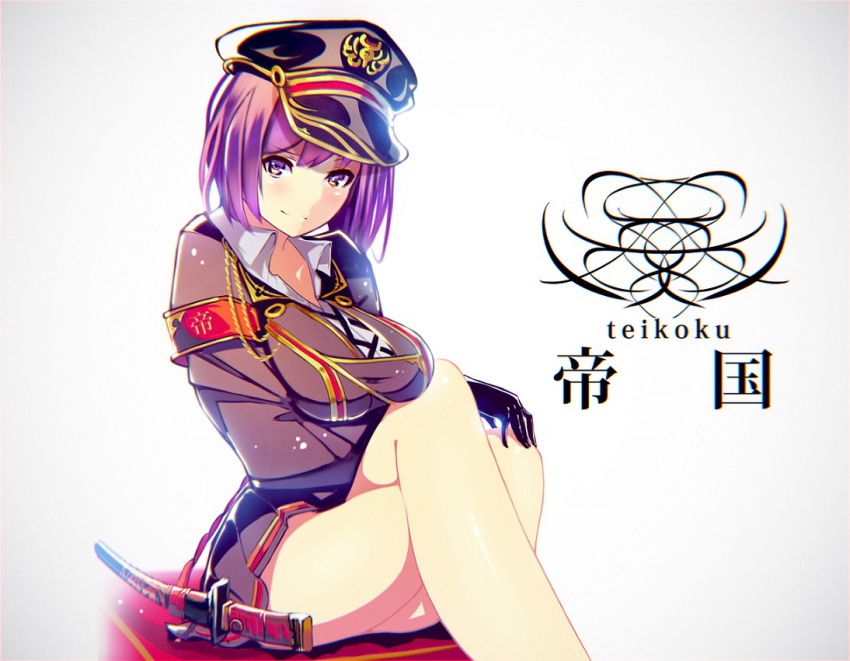 1girl aiguillette armband bad_id bad_pixiv_id black_gloves breast_hold breasts crossed_legs enj! female_focus gloves hat katana legs light_smile looking_at_viewer military military_uniform original peaked_cap purple_eyes purple_hair sheath sheathed short_hair sitting skirt solo sword ten_kurairakon_teikoku-gun tenkuu_no_craft_fleet weapon