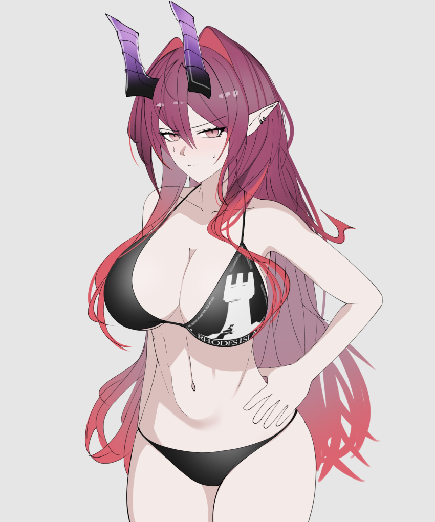 1girl absurdres alternate_costume arknights ascalon_(arknights) bare_shoulders baron_kinoko bikini black_bikini blush breasts cleavage closed_mouth collarbone cowboy_shot demon_girl demon_horns embarrassed grey_background hair_intakes highres horns huge_breasts kinoko_hakushaku long_hair looking_at_viewer navel pointy_ears purple_horns red_hair rhodes_island_logo_(arknights) simple_background solo stomach sweat swimsuit thighs