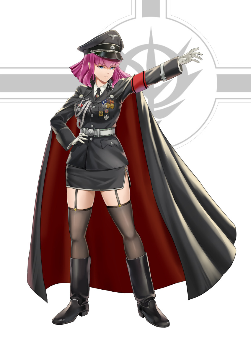 absurdres armband black_cape black_jacket black_necktie black_skirt blue_eyes cape commission gloves gundam gundam_zz haman_karn hand_on_own_hip highres jacket medal military_uniform necktie outstretched_arm pink_hair pixiv_commission red_armband serious shirt skirt swastika thighs totenkopf unicron_(brous) very_long_cape waffen-ss white_background white_gloves white_shirt zeta_gundam