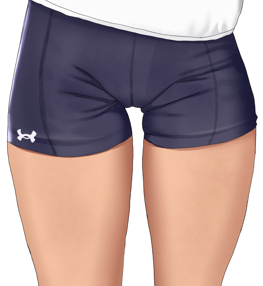 1girl absurdres bellone bike_shorts black_shorts cameltoe commentary crotch_focus highres lower_body original short_shorts shorts simple_background solo thick_thighs thigh_gap thighs white_background