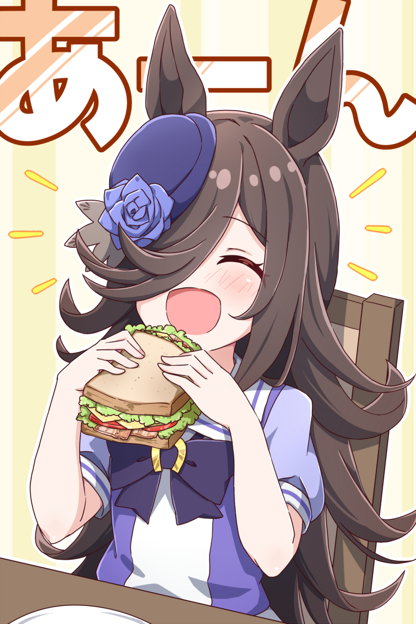 1girl :d ^_^ animal_ears blue_flower blue_rose blush brown_hair closed_eyes commentary_request flower food hair_over_one_eye hat highres hiro_(pqtks113) holding holding_food holding_sandwich horse_ears horse_girl long_hair open_mouth purple_hat rice_shower_(umamusume) rose sandwich school_uniform short_hair short_sleeves smile solo tilted_headwear tracen_school_uniform umamusume