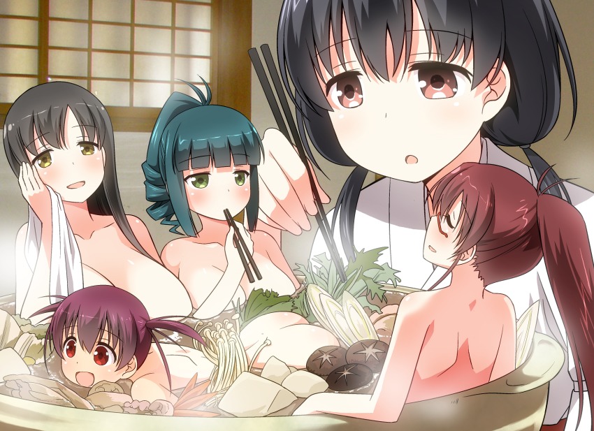 5girls ass black_hair blush breasts brown_eyes brown_hair chopsticks food green_eyes green_hair highres huge_breasts in_food iwato_kasumi japanese_clothes jindai_komaki karijuku_tomoe large_breasts long_hair miso_soup multiple_girls nude open_mouth purple_hair red_eyes saki_(manga) size_difference takimi_haru towel twintails umekichi usuzumi_hatsumi yellow_eyes