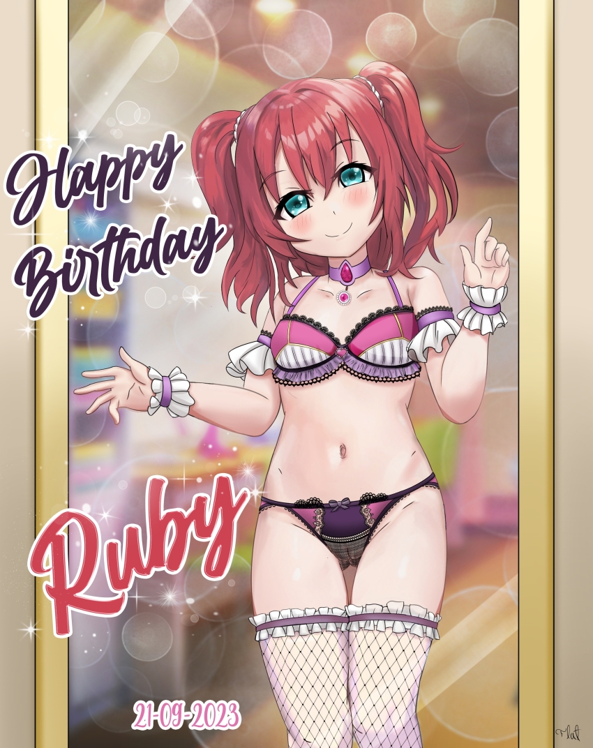 1girl absurdres armband birthday bra choker fishnets flatculture frills green_eyes highres kurosawa_ruby lingerie looking_at_mirror looking_at_viewer love_live! love_live!_sunshine!! mirror panties red_hair solo sparkle standing twintails underwear