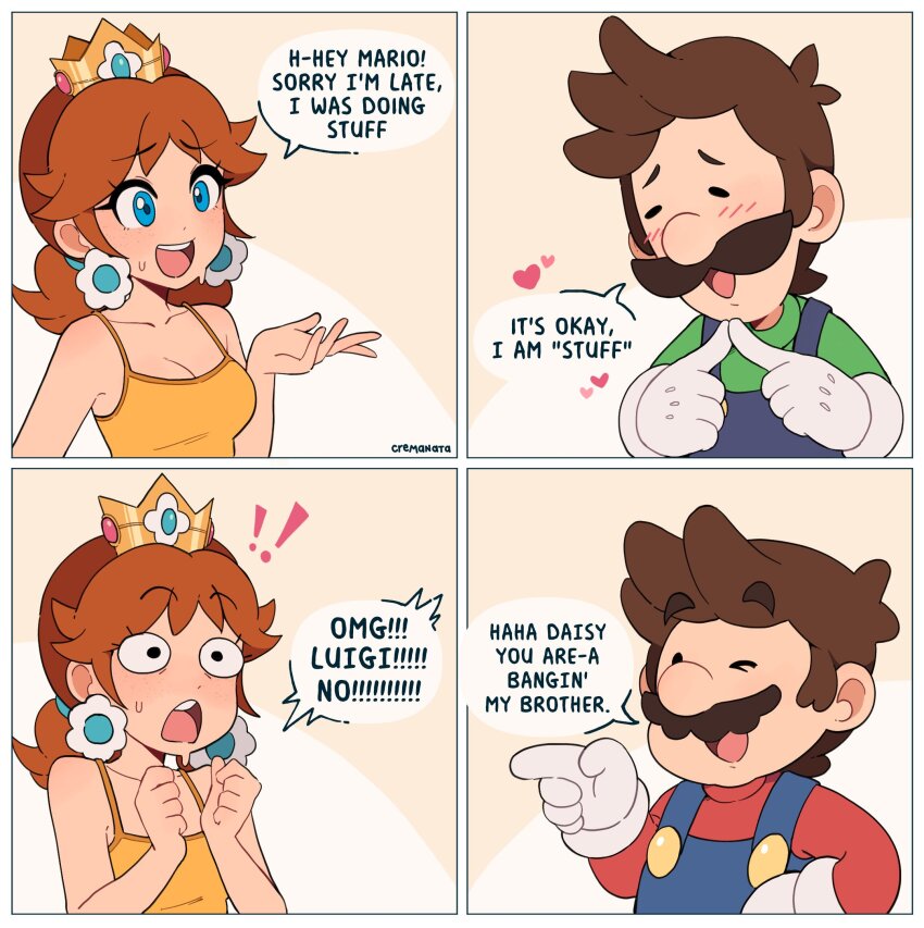 ! !! 1girl 2boys blue_eyes blush brown_hair cremanata crown earrings embarrassed english_text flirting gloves highres jewelry luigi mario mario_(series) multiple_boys nintendo one_eye_closed open_mouth orange_hair overalls princess_daisy smile speech_bubble yellow_background