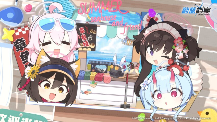 4girls ahoge animal_ear_fluff animal_ears balaclava black_hair blue_archive blue_hair blush chibi chise_(blue_archive) chise_(swimsuit)_(blue_archive) closed_eyes commentary_request crab eyewear_on_head fang flower food fox_ears hair_flower hair_ornament halo hat highres horns hoshino_(blue_archive) hoshino_(swimsuit)_(blue_archive) ice_cream izuna_(blue_archive) izuna_(swimsuit)_(blue_archive) kekek korean_commentary light_blue_hair long_hair maid_headdress multiple_girls official_alternate_costume official_art one_eye_closed open_mouth pink_flower pink_hair pointy_ears red_flower shizuko_(blue_archive) shizuko_(swimsuit)_(blue_archive) side_ponytail skin_fang sunglasses two_side_up visor_cap white_flower yellow_flower