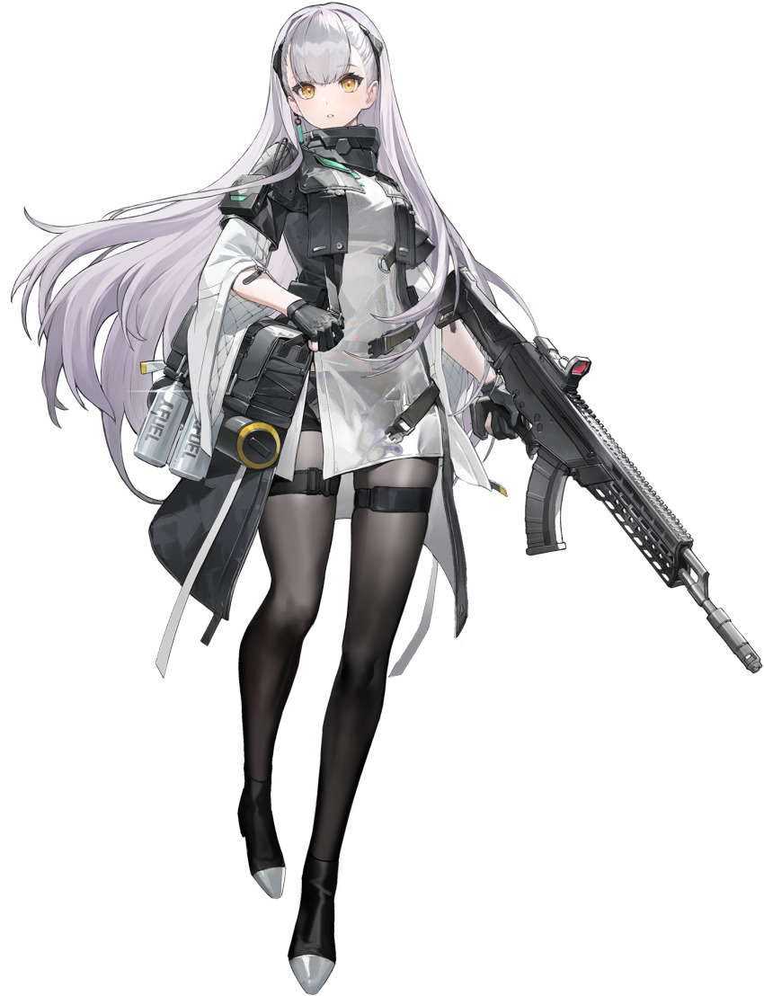 1girl ak-alfa ak-alfa_(girls&#039;_frontline) alpha_transparency assault_rifle bag black_footwear black_gloves black_pantyhose full_body game_cg girls&#039;_frontline girls&#039;_frontline_2:_exilium gloves gun highres holding holding_gun holding_weapon long_hair looking_at_viewer official_art orange_eyes pantyhose parted_lips partially_fingerless_gloves rifle solo third-party_source tololo_(girls&#039;_frontline_2) weapon white_hair