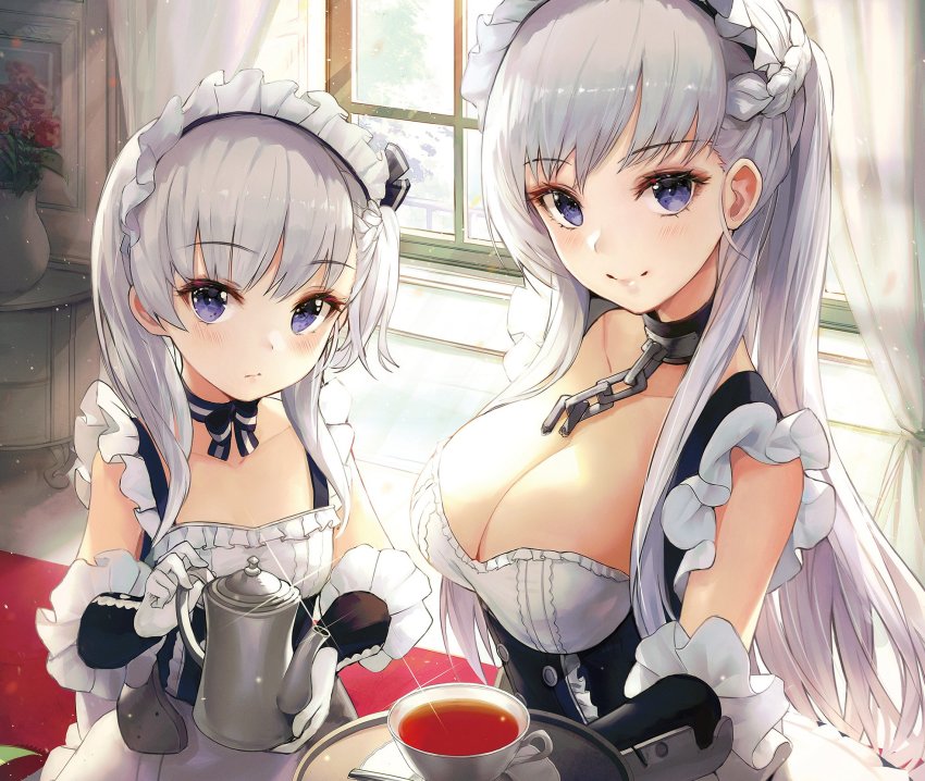 2girls aged_down apron azur_lane belfast_(azur_lane) blue_eyes blush braid breasts chain cleavage collar collarbone cup day dress french_braid frills glint gloves highres holding holding_saucer holding_teapot indoors large_breasts little_bel_(azur_lane) long_hair looking_at_viewer maid maid_headdress multiple_girls neck_ribbon ribbon saucer smile tea teacup teapot vase white_gloves white_hair window yohaku