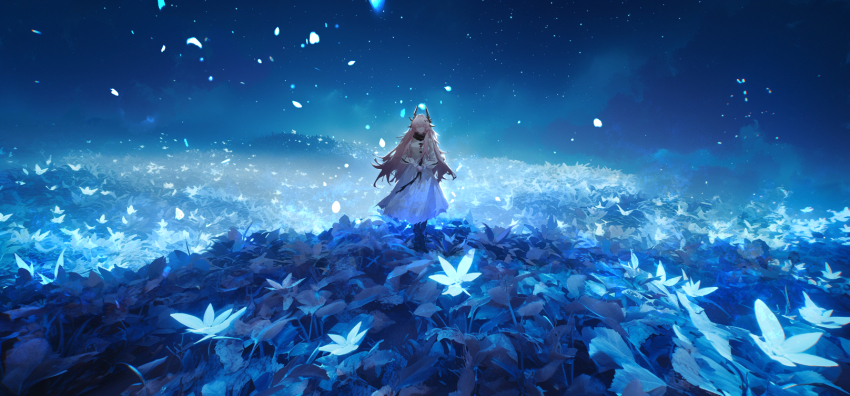 1girl ai-assisted arknights black_footwear blue_sky blue_theme boots chinese_commentary closed_eyes commentary_request dress facing_viewer field flower flower_field full_body highres horns nid417 night night_sky own_hands_clasped own_hands_together pink_hair sky standing star_(sky) starry_sky theresa_(arknights) white_dress