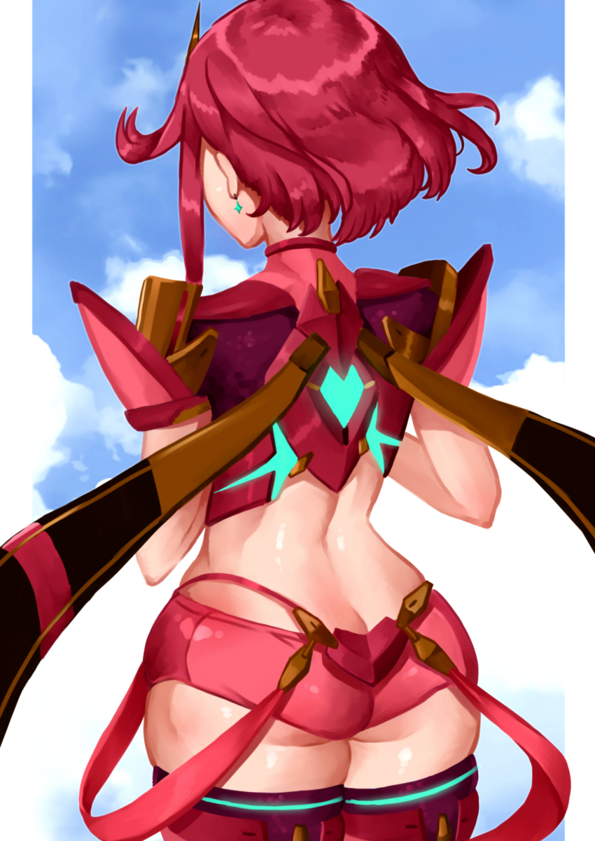 1girl absurdres ass back backless_outfit bob_cut butt_crack earrings floating_earring from_behind gluteal_fold hands_on_own_chest highres impossible_clothes jewelry pyra_(xenoblade) red_hair red_shorts red_thighhighs short_hair short_sleeves shorts solo suspenders swept_bangs thighhighs xenoblade_chronicles_(series) xenoblade_chronicles_2 yotsuha_uni