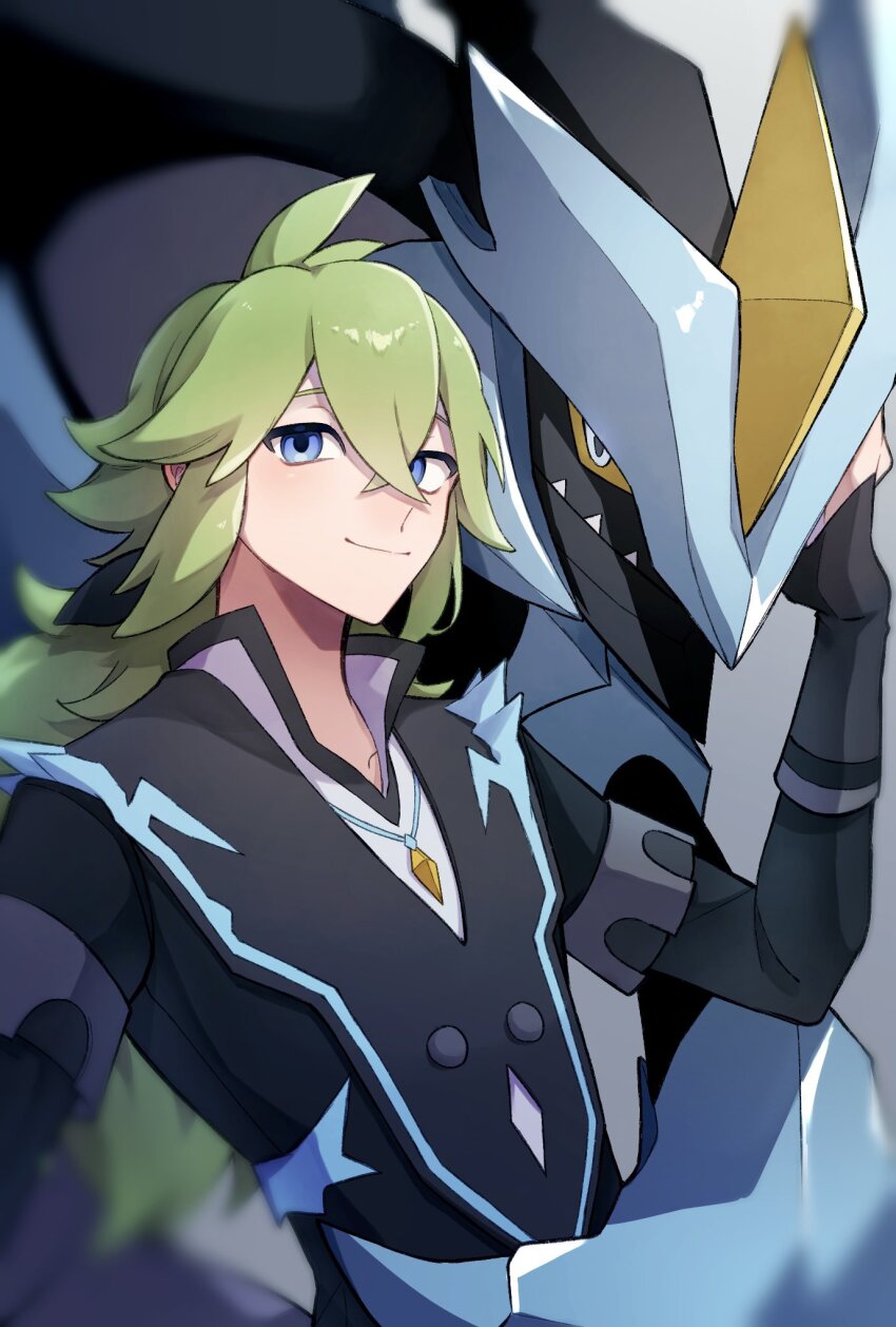 1boy arm_up black_gloves black_kyurem blue_eyes collared_shirt colored_sclera commentary_request creatures_(company) crossed_bangs game_freak gen_5_pokemon gloves green_hair hair_between_eyes highres jewelry kyurem legendary_pokemon long_hair looking_to_the_side male_focus n_(pokemon) n_(sygna_suit)_(pokemon) necklace nintendo official_alternate_costume pokemon pokemon_(creature) pokemon_masters_ex ponytail popped_collar sharp_teeth shirt sideways_glance teeth tomato_0429 upper_body yellow_sclera