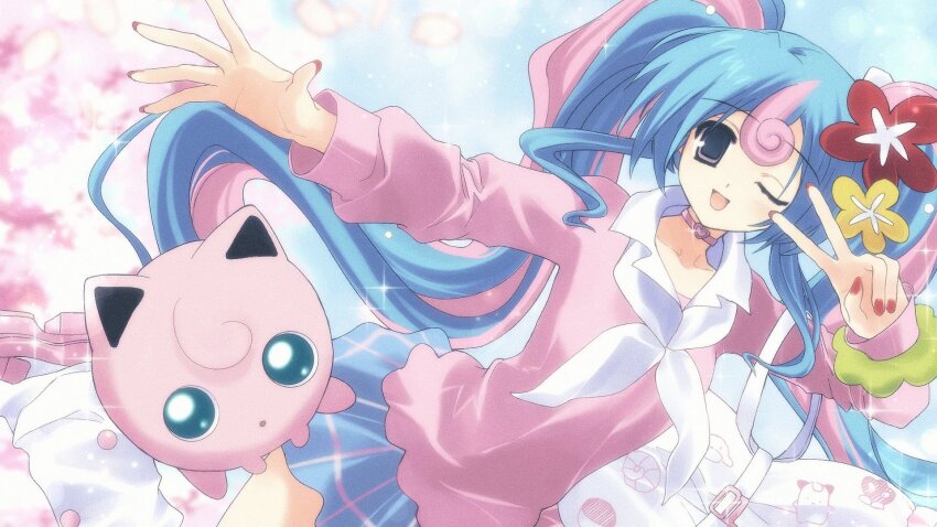 1girl 2000s_(style) ;d blue_hair blue_skirt choker collarbone creatures_(company) fairy_miku_(project_voltage) film_grain fingernails flower game_freak gen_1_pokemon grey_eyes hair_flower hair_ornament hajang68 hatsune_miku heart heart_choker highres jigglypuff light_blue_hair long_hair long_sleeves looking_at_viewer loose_socks miniskirt multicolored_hair nail_polish neckerchief nintendo one_eye_closed open_mouth pearl_hair_ornament pink_choker pink_footwear pink_hair pink_sweater pokemon pokemon_(creature) project_voltage red_flower red_nails shoes skirt smile socks sparkle sweater twintails two-tone_hair v very_long_hair vocaloid white_neckerchief white_socks yellow_flower