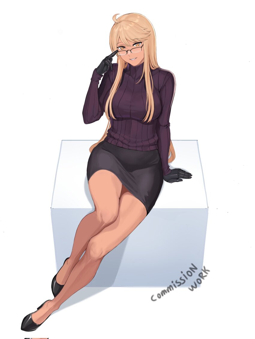 1girl alma_armas black_footwear black_gloves black_skirt blonde_hair breasts commentary english_commentary full_body glasses gloves high_heels highres legs lips long_hair long_sleeves looking_at_viewer mechanical_hands medium_breasts open_mouth orange_eyes parted_lips pencil_skirt purple_sweater seilindekos sidelocks simple_background sitting skirt solo sweater turtleneck va-11_hall-a white_background