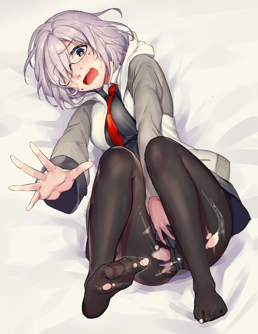 1girl absurdres black_dress black_pantyhose blush breasts covering_crotch covering_privates dress fate/grand_order fate_(series) feet glasses hair_over_one_eye highres jacket light_purple_hair looking_at_viewer mash_kyrielight mogullaz necktie panties panties_under_pantyhose pantyhose purple_eyes purple_hair short_hair solo toe_scrunch toes torn_clothes torn_pantyhose underwear wavy_mouth