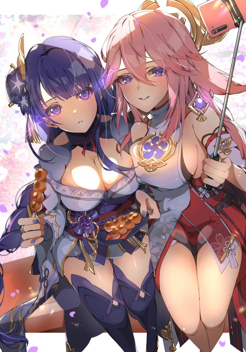 2girls absurdres animal_ears blue_pupils bow bowtie braid breasts cellphone cleavage commentary_request dango detached_sleeves dress earrings electro_symbol_(genshin_impact) flower food fox_ears fox_girl gem genshin_impact hair_flower hair_ornament highres japanese_clothes jewelry kimono large_breasts long_hair low-braided_long_hair low-tied_long_hair moderate_gold mole mole_under_eye multiple_girls nail_polish nontraditional_miko obi obiage obijime parted_bangs phone pink_hair pink_nails plate purple_eyes purple_gemstone purple_hair purple_kimono purple_nails purple_thighhighs raiden_shogun red_bow red_bowtie red_ribbon ribbon ribbon-trimmed_dress ribbon-trimmed_sleeves ribbon_trim sash selfie selfie_stick shrug_(clothing) sideboob sidelocks smile thighhighs thighs very_long_hair vision_(genshin_impact) wagashi wide_sleeves yae_miko