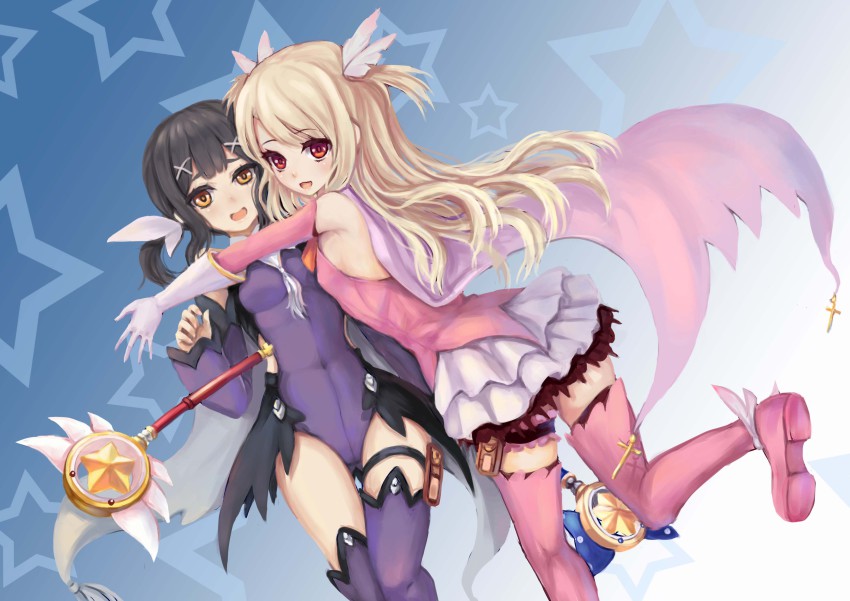 2girls absurdres blush boots elbow_gloves fate/kaleid_liner_prisma_illya fate_(series) feather_hair_ornament feathers female_focus gloves gyakushuu_no_hoshiumi hair_ornament highres hug illyasviel_von_einzbern kaleidostick long_hair looking_at_viewer magical_girl magical_ruby magical_sapphire md5_mismatch miyu_edelfelt miyu_edelfelt_(magical_girl) multiple_girls open_mouth pink_footwear prisma_illya red_eyes shy smile star_(symbol) two_side_up wand white_hair yellow_eyes yuri