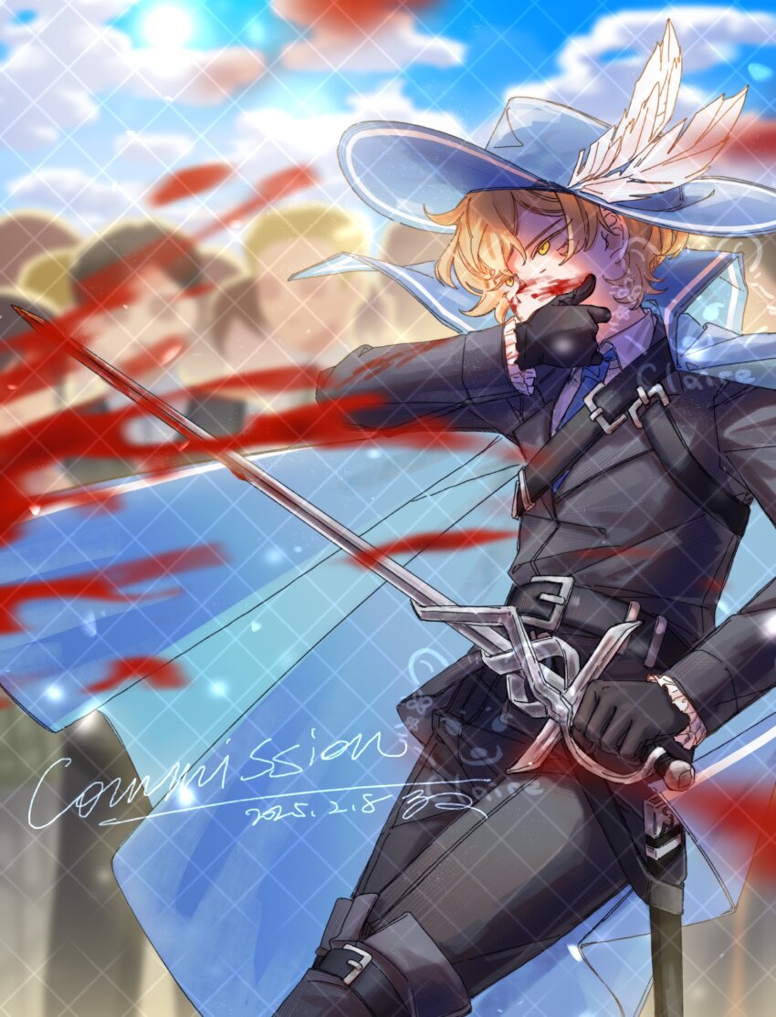 1boy aitib black_coat black_gloves blonde_hair blood blood_on_face blood_splatter blue_cape blue_necktie cape coat collared_shirt cowboy_shot gloves hat hat_feather highres limbus_company necktie project_moon rapier shirt short_hair sinclair_(project_moon) solo_focus sword weapon white_shirt yellow_eyes