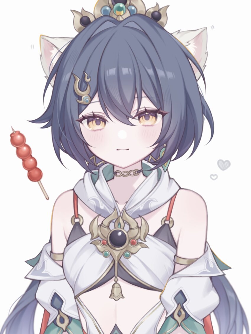 1girl animal_ear_fluff animal_ears armlet bare_shoulders bra cat_ears cat_girl chinese_clothes choker closed_mouth dango detached_collar detached_sleeves earrings flat_chest floating floating_food food grey_hair hair_between_eyes hair_ornament hairclip headpiece heart highres honkai:_star_rail honkai_(series) jewelry long_hair looking_at_viewer low_twintails m_op8 multicolored_clothes pendant short_sleeves simple_background single_earring skewer solo spoken_heart standing stomach twintails underwear wagashi white_background white_bra yellow_eyes yunli_(honkai:_star_rail)